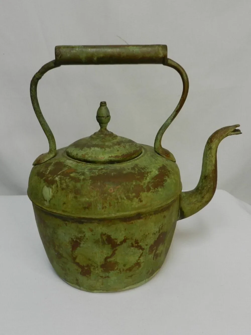 Antique Vintage Copper Tea Kettle Goose neck Spout green patina Handle 12